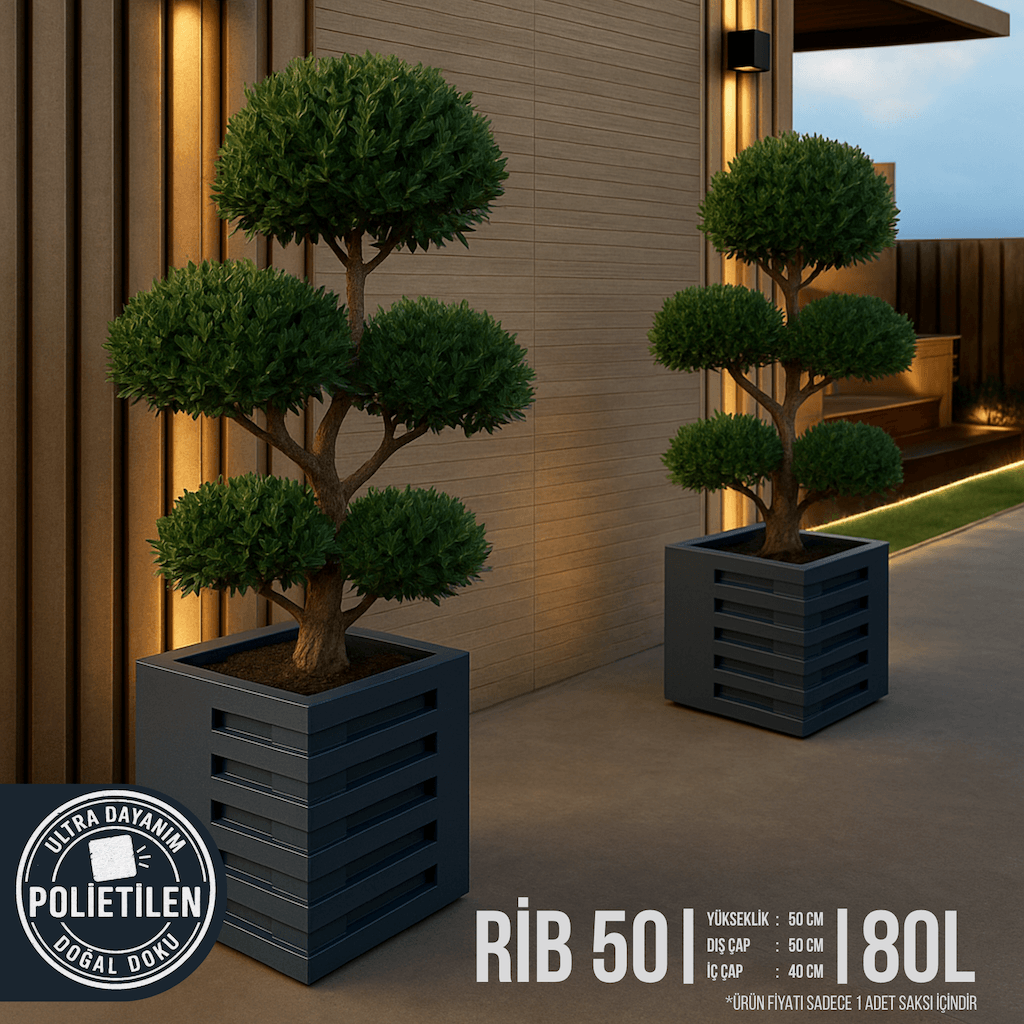 RİB Lüks Dış Mekan Saksı | Modern Doğal Doku Kare Bahçe ve Teras Saksısı (50x50 cm – 80 Litre)